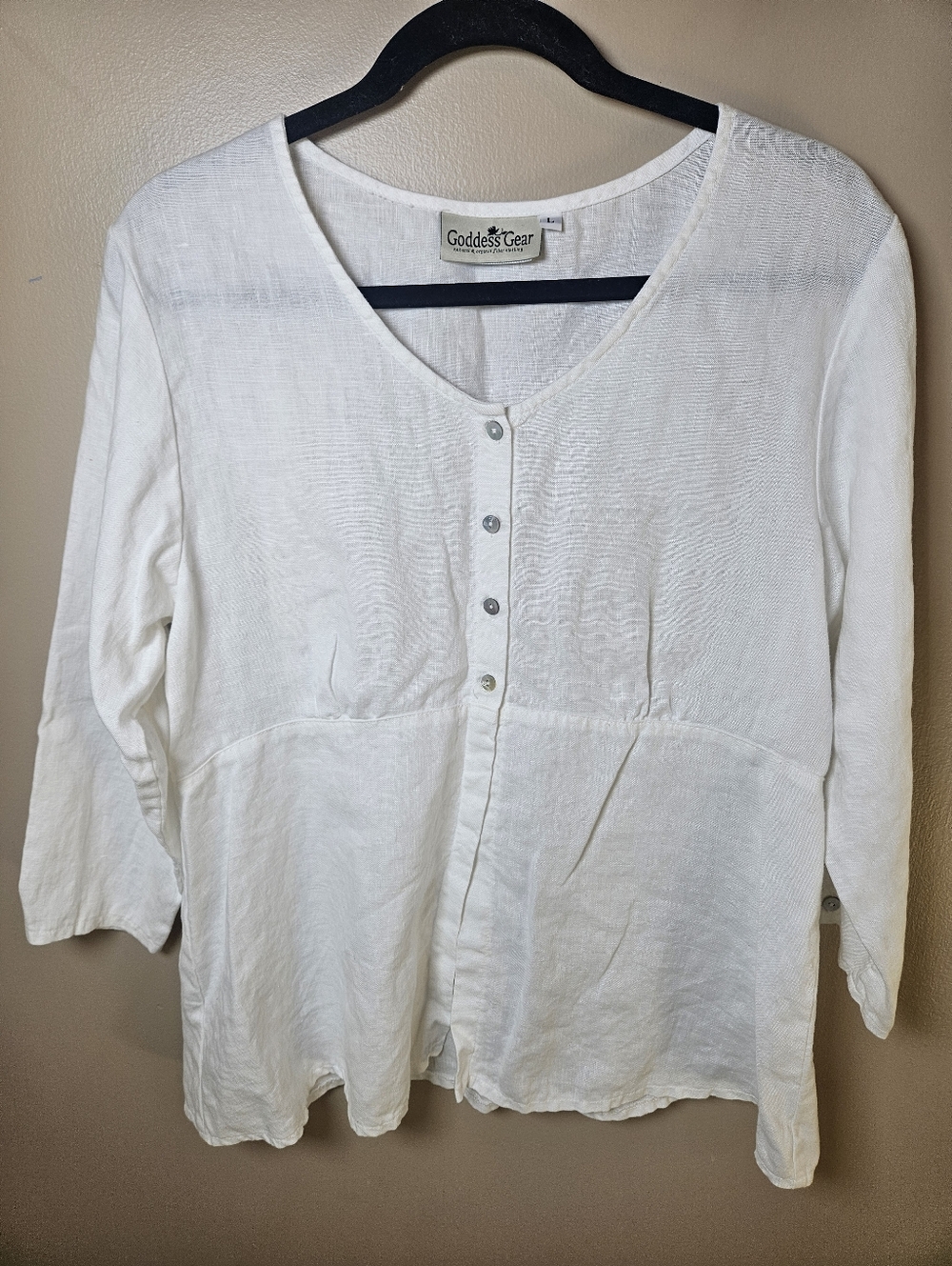 Goddess Gear White 100% Organic Linen Made In USA Pearl Button Front Blouse LG